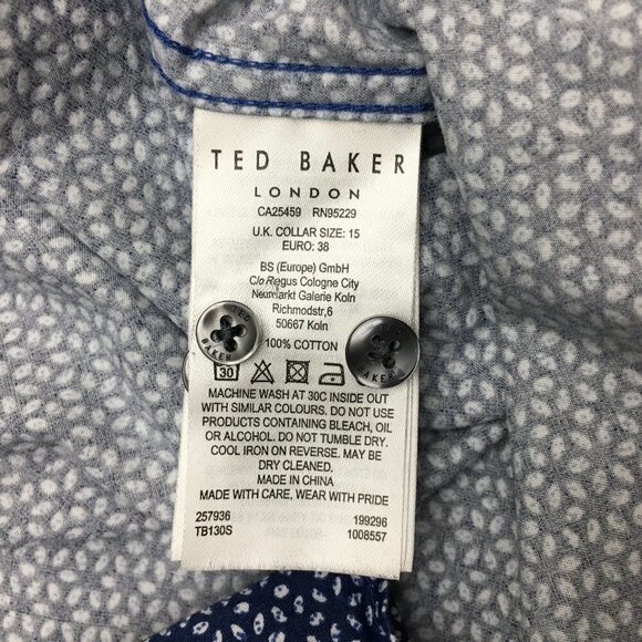 Ted Baker Men's Blue Print Shirt Slim Fit Button Front Long Sleeves size 15 - Picture 9 of 11